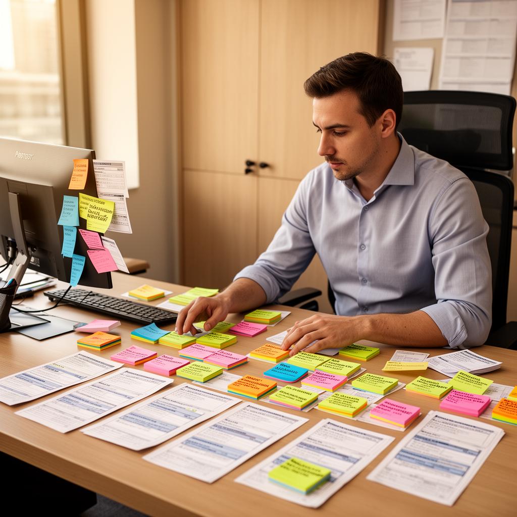 Facility Manager am Schreibtisch mit Notizen und Serviceanfragen
